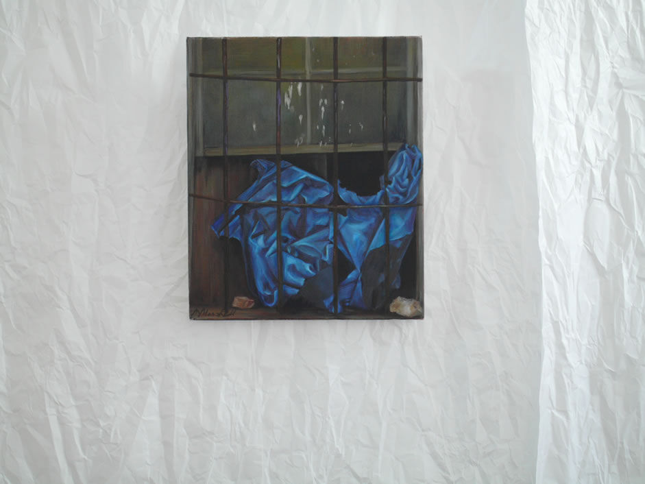 Blue paper in barred window .Oil on canvas
20cm x 20cm