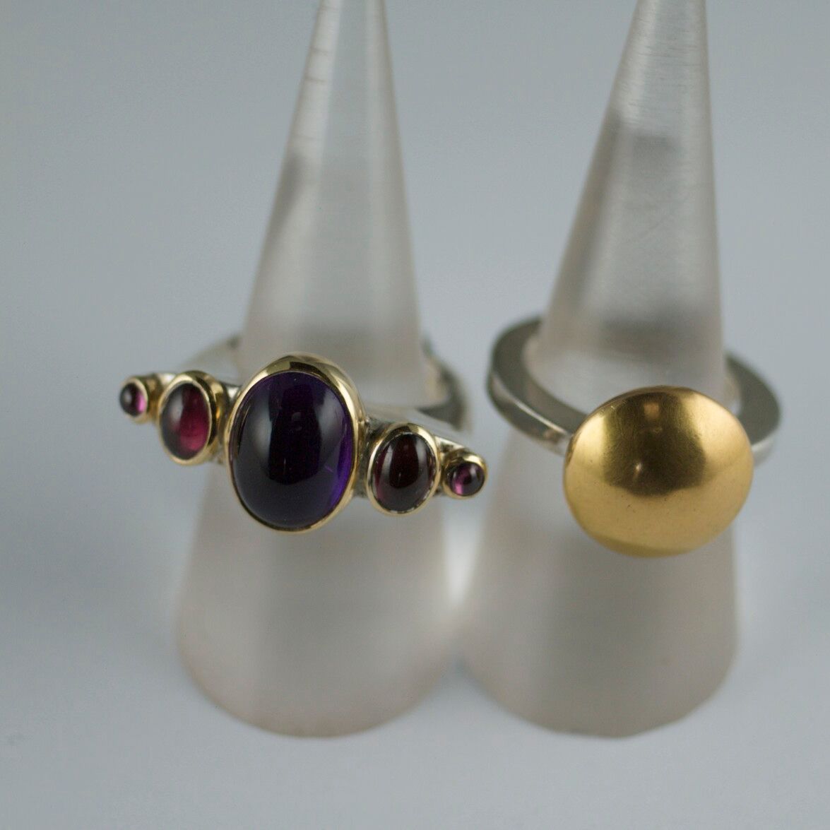 Amethyst,garnet silver and gold rings