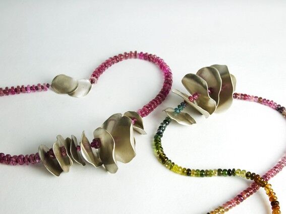 Silver rose petals threaded on pink and multicolour Tourmaline beads