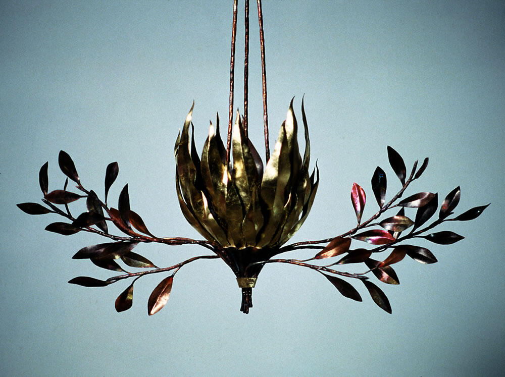 Light burning bush with olive branches, copper repousse