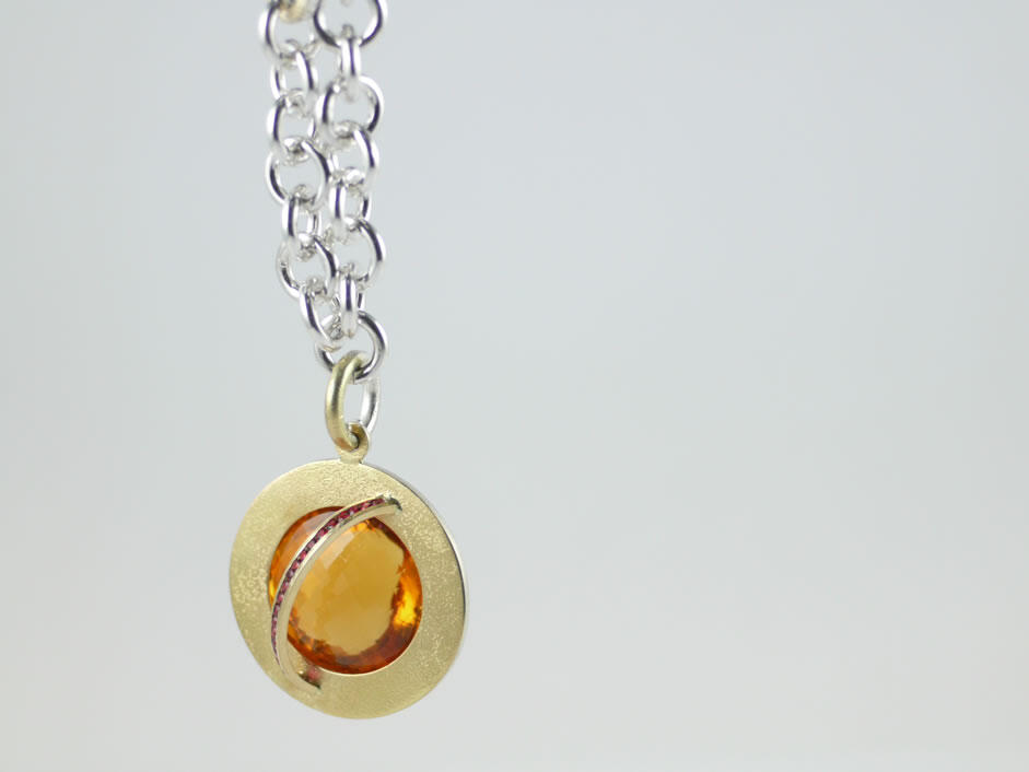 Pendant Citrine banded by Red Spinels set in 18ct Gold and Sterling Silver