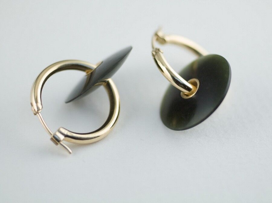 Australian black Jade on gold hoops