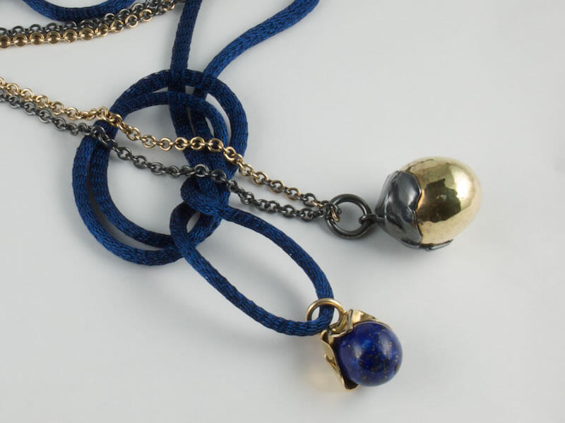14ct YG & Stg Silver Scrunched bead on gold and silver chainLapis Lazuli Gold pendant