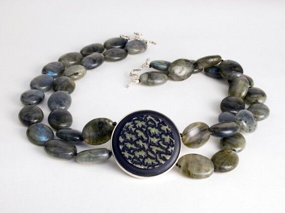 Carved wood and Labradorite beads