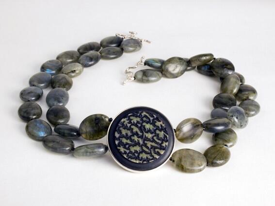 Carved wood and Labradorite beads