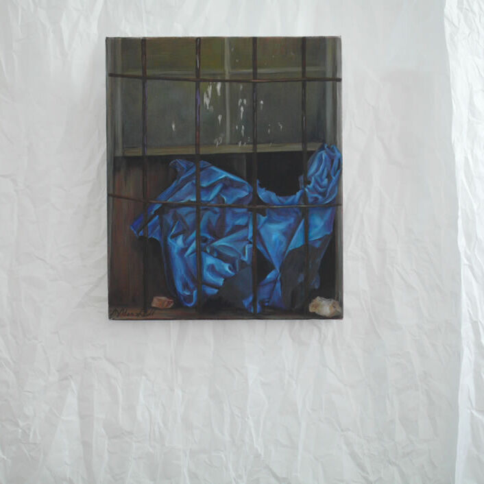 Blue paper in barred window .Oil on canvas
20cm x 20cm