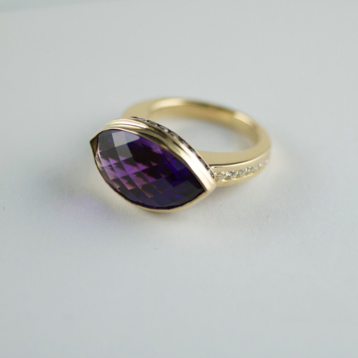 Amethyst, white and black Diamond ring